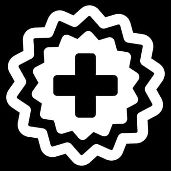 Medical Cross Stamp raster icon. Style is flat symbol, white color, rounded angles, black background.