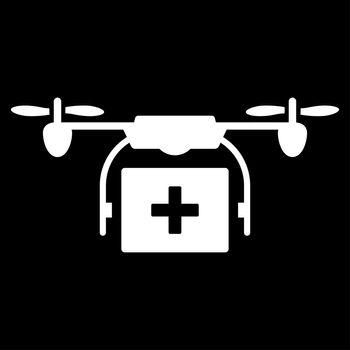 Medical Drone Shipment raster icon. Style is flat symbol, white color, rounded angles, black background.