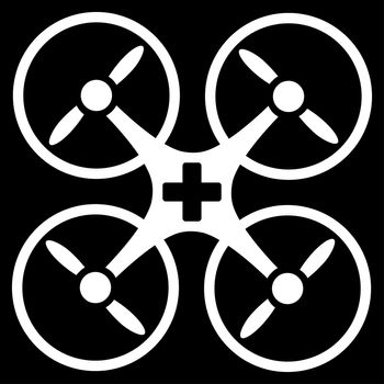 Medical Drone raster icon. Style is flat symbol, white color, rounded angles, black background.