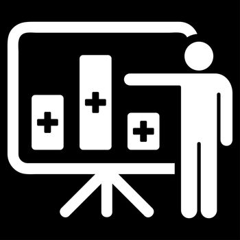 Medical Public Report raster icon. Style is flat symbol, white color, rounded angles, black background.