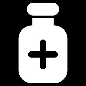 Medication Vial raster icon. Style is flat symbol, white color, rounded angles, black background.