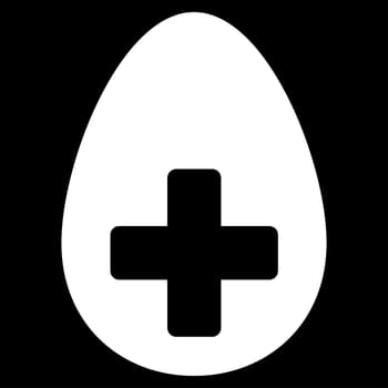 Plus Egg raster icon. Style is flat symbol, white color, rounded angles, black background.