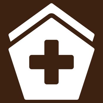 Clinic Building raster icon. Style is flat symbol, white color, rounded angles, brown background.