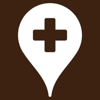 Clinic Map Pointer raster icon. Style is flat symbol, white color, rounded angles, brown background.