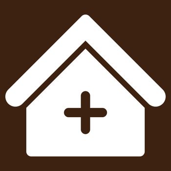 Clinic raster icon. Style is flat symbol, white color, rounded angles, brown background.