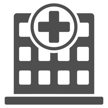 Clinic Building glyph icon. Style is flat symbol, gray color, rounded angles, white background.
