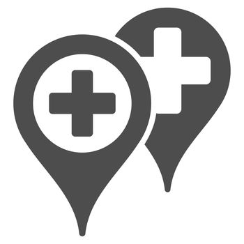 Hospital Map Markers glyph icon. Style is flat symbol, gray color, rounded angles, white background.