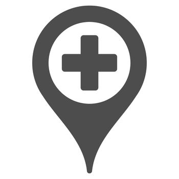 Hospital Map Pointer glyph icon. Style is flat symbol, gray color, rounded angles, white background.