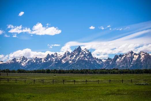 Grand Tetons behind a picket fence and field