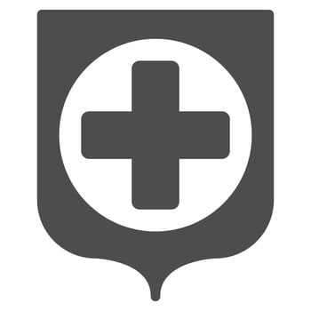 Medical Shield glyph icon. Style is flat symbol, gray color, rounded angles, white background.