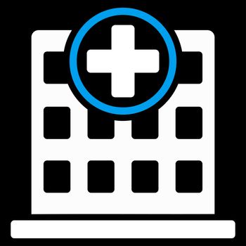 Clinic Building glyph icon. Style is bicolor flat symbol, blue and white colors, rounded angles, black background.