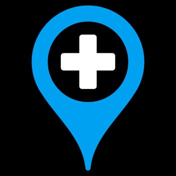 Clinic Pointer glyph icon. Style is bicolor flat symbol, blue and white colors, rounded angles, black background.
