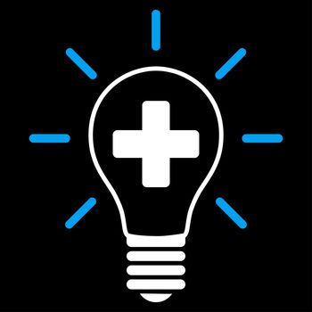 Creative Medicine Bulb glyph icon. Style is bicolor flat symbol, blue and white colors, rounded angles, black background.