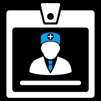 Doctor Badge glyph icon. Style is bicolor flat symbol, blue and white colors, rounded angles, black background.