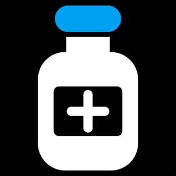 Drugs Bottle glyph icon. Style is bicolor flat symbol, blue and white colors, rounded angles, black background.