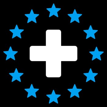Euro Medicine glyph icon. Style is bicolor flat symbol, blue and white colors, rounded angles, black background.