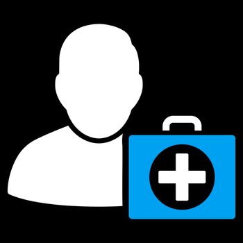 First Aid Man glyph icon. Style is bicolor flat symbol, blue and white colors, rounded angles, black background.