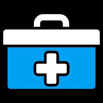 First Aid Toolbox glyph icon. Style is bicolor flat symbol, blue and white colors, rounded angles, black background.