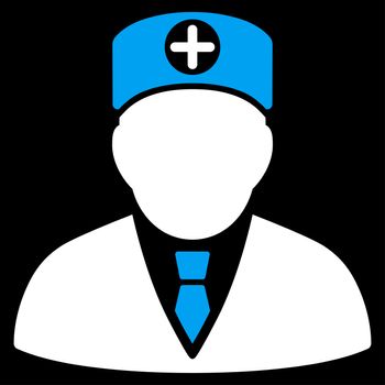 Head Physician glyph icon. Style is bicolor flat symbol, blue and white colors, rounded angles, black background.
