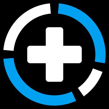 Health Care Diagram glyph icon. Style is bicolor flat symbol, blue and white colors, rounded angles, black background.