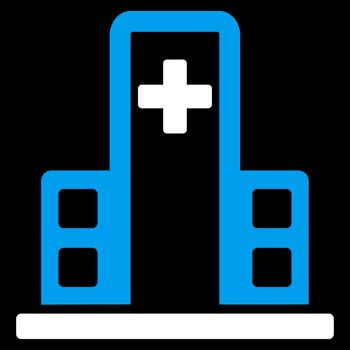 Hospital Building glyph icon. Style is bicolor flat symbol, blue and white colors, rounded angles, black background.