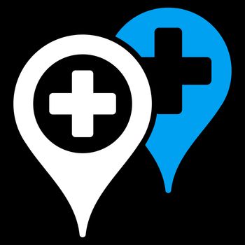 Hospital Map Markers glyph icon. Style is bicolor flat symbol, blue and white colors, rounded angles, black background.