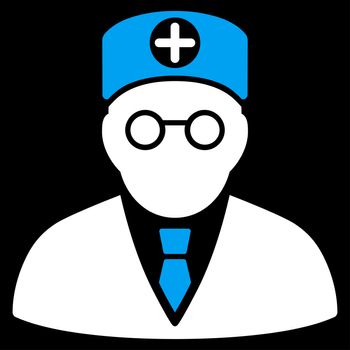 Head Physician glyph icon. Style is bicolor flat symbol, blue and white colors, rounded angles, black background.