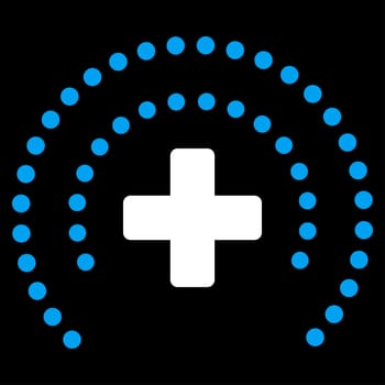 Health Care Protection glyph icon. Style is bicolor flat symbol, blue and white colors, rounded angles, black background.
