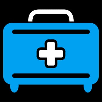 Medical Baggage glyph icon. Style is bicolor flat symbol, blue and white colors, rounded angles, black background.