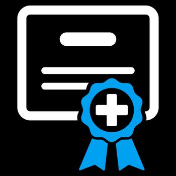 Medical Certificate glyph icon. Style is bicolor flat symbol, blue and white colors, rounded angles, black background.