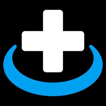 Medical Community glyph icon. Style is bicolor flat symbol, blue and white colors, rounded angles, black background.