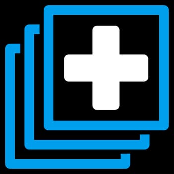 Medical Docs glyph icon. Style is bicolor flat symbol, blue and white colors, rounded angles, black background.