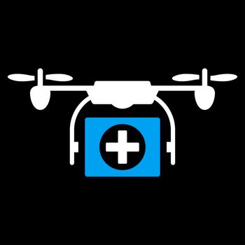 Medical Drone glyph icon. Style is bicolor flat symbol, blue and white colors, rounded angles, black background.