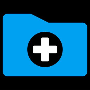 Medical Folder glyph icon. Style is bicolor flat symbol, blue and white colors, rounded angles, black background.