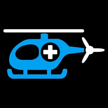 Medical Helicopter glyph icon. Style is bicolor flat symbol, blue and white colors, rounded angles, black background.