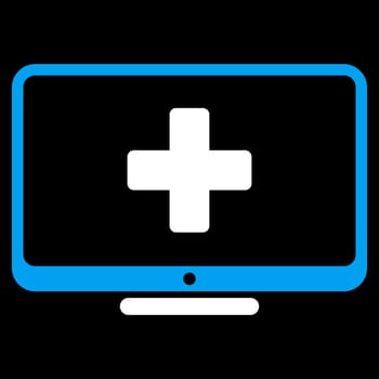 Medical Monitor glyph icon. Style is bicolor flat symbol, blue and white colors, rounded angles, black background.