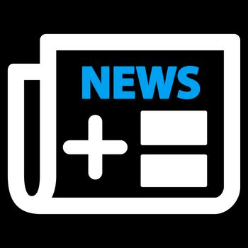 Medical Newspaper glyph icon. Style is bicolor flat symbol, blue and white colors, rounded angles, black background.