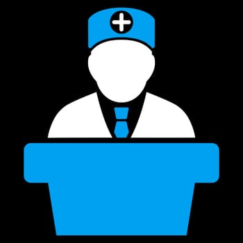 Medical Official Lecture glyph icon. Style is bicolor flat symbol, blue and white colors, rounded angles, black background.