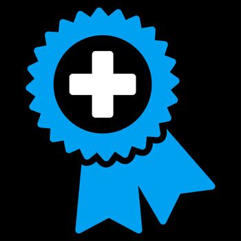 Medical Quality Seal glyph icon. Style is bicolor flat symbol, blue and white colors, rounded angles, black background.