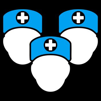 Medical Staff glyph icon. Style is bicolor flat symbol, blue and white colors, rounded angles, black background.