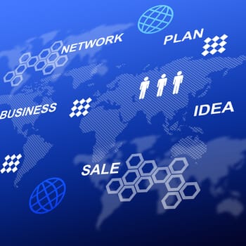 Abstract blue background with world map and business words