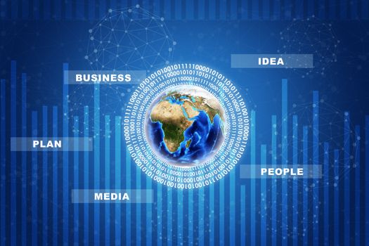 Earth with business words and numbers on abstract blue background with world map. Elements of this image furnished by NASA