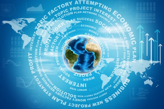 Earth with world map and business words on abstract blue background with world map. Elements of this image furnished by NASA
