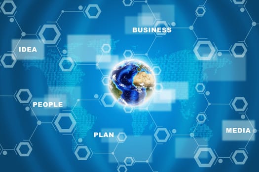 Earth with circles and business words on abstract blue background. Elements of this image furnished by NASA