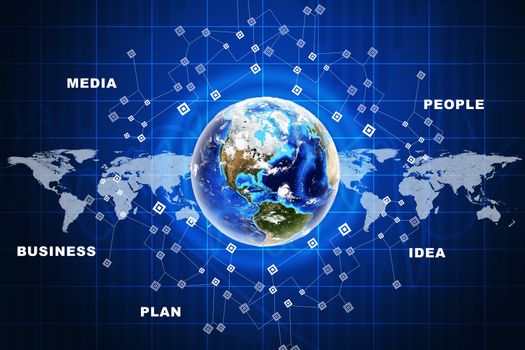 Earth in circles with world map on abstract blue background with world map. Elements of this image furnished by NASA