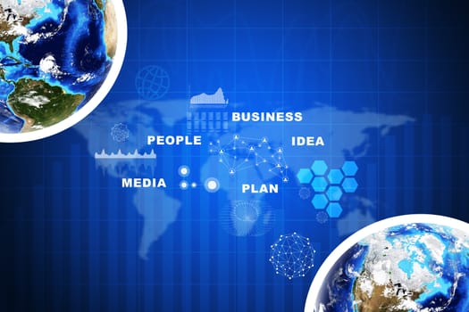 Earth with business words on abstract blue background with world map. Elements of this image furnished by NASA