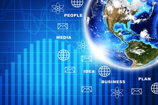 Earth with business symbols on abstract blue background with world map. Elements of this image furnished by NASA