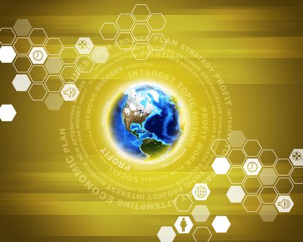 Earth with business words and icons on abstract background with world map. Elements of this image furnished by NASA