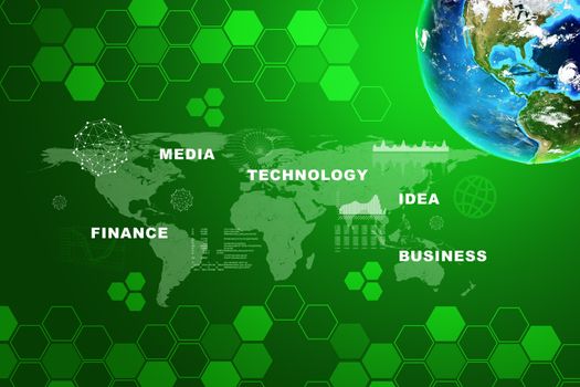 Earth with business words and icons on abstract background with world map. Elements of this image furnished by NASA