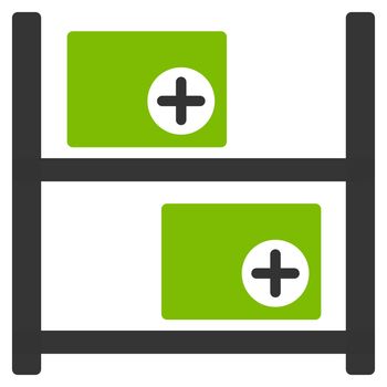 Medical Warehouse glyph icon. Style is bicolor flat symbol, eco green and gray colors, rounded angles, white background.